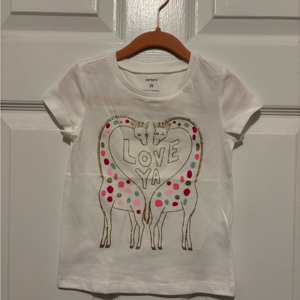 NWT Carter's White Glitter Tee Love Ya Heart Shape Giraffe Design